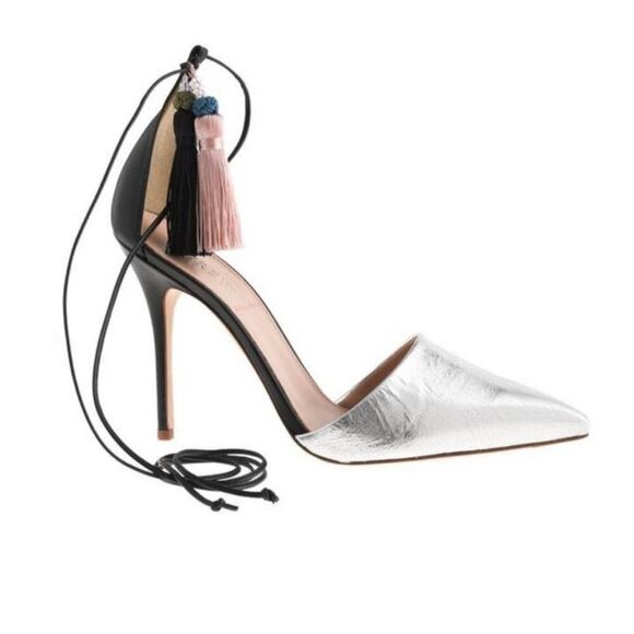 J. CREW Roxie Ankle Tie Tassel Pumps in Silver Black and Pink Women's Size 8